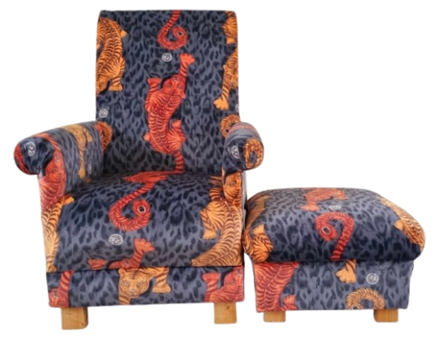 Emma Shipley Tigris Flame Velvet Fabric Adult Chair & Footstool Armchair Tigers