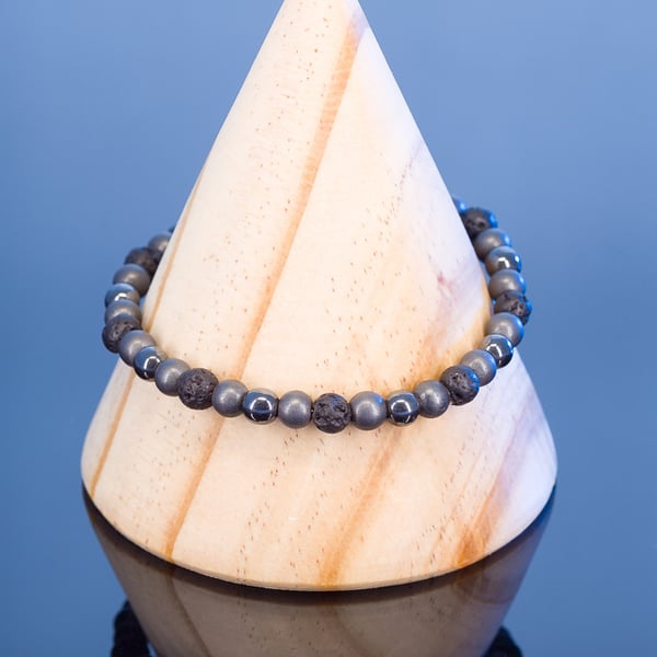 Bracelet lava and hematite stretchy handmade