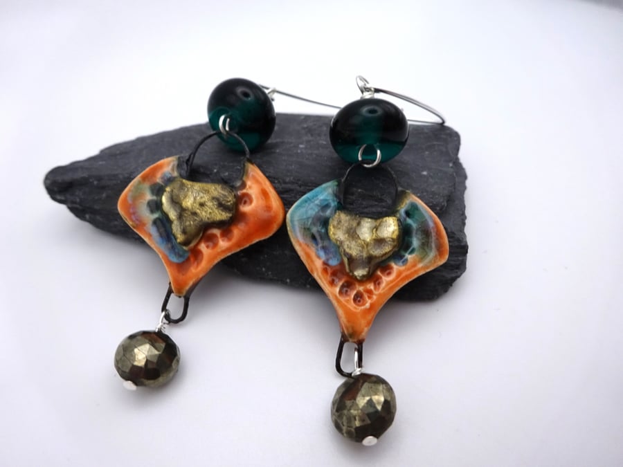 teal and orange pyrite earrings