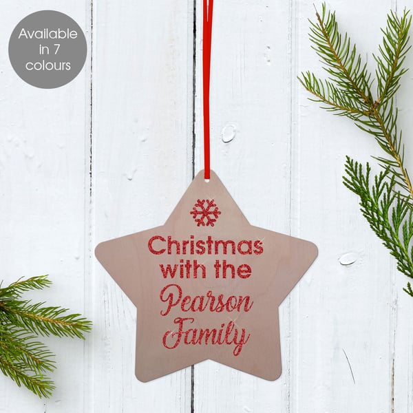 Personalised Bauble Star Family Christmas Wooden Tree Decoration