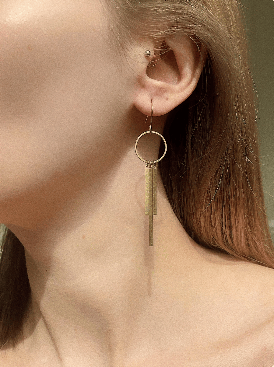 Long art deco style brass earrings, dangle earrings, gold brass jewellery