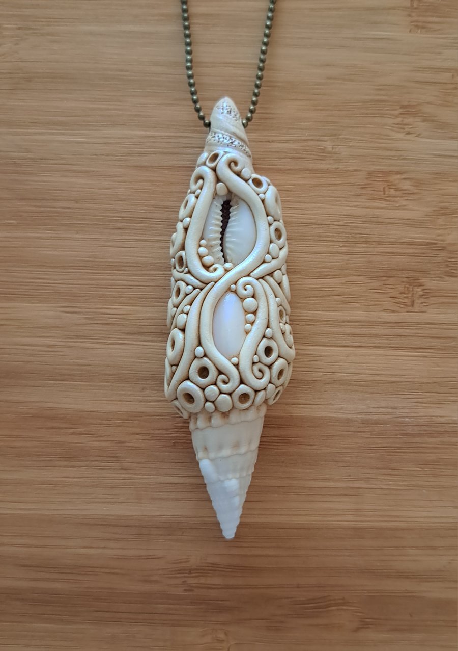 Seashells with Mother of Pearl and Polymer Clay Amulet Pendant