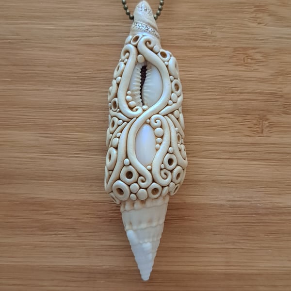 Seashells with Mother of Pearl and Polymer Clay Amulet Pendant