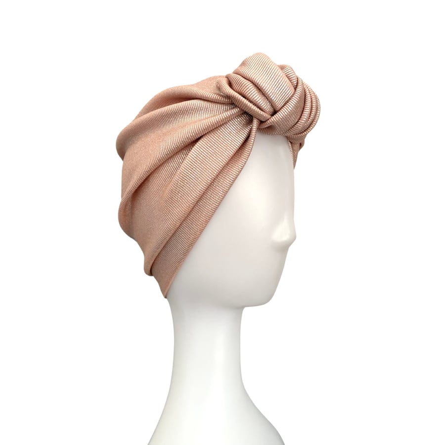 Metallic Pale Pink and Silver Chunky Front Knot Turban Hat, Sparkly Festive Hat