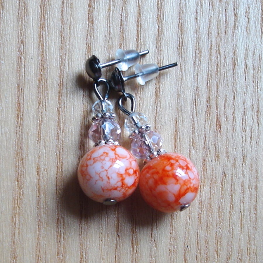 Cute Sparkle Orange Glass and Crystal Stud Earrings Gift for Her