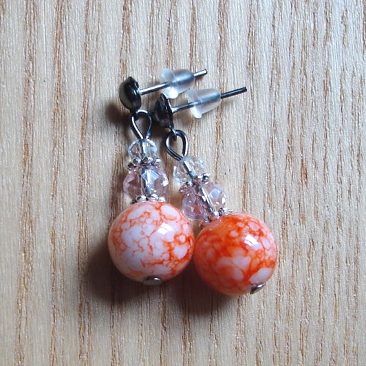 Cute Sparkle Orange Glass and Crystal Stud Earrings Gift for Her