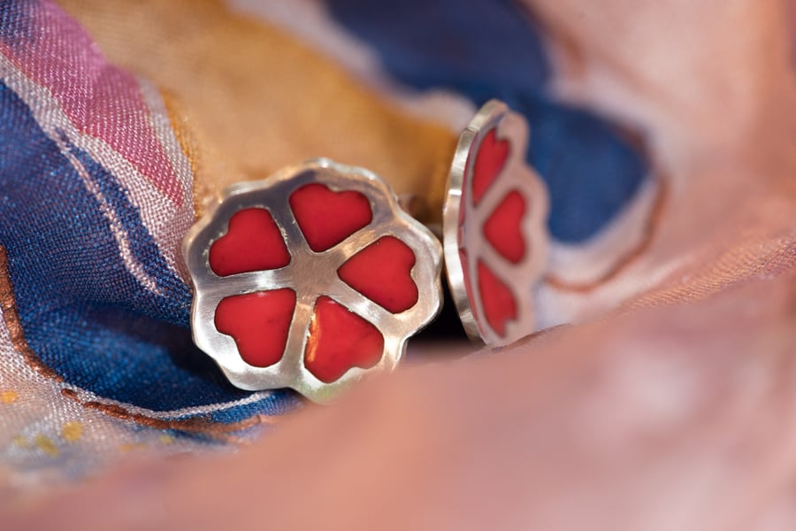 Enamelled Hearts Flower Studs, Silver Heart Earrings