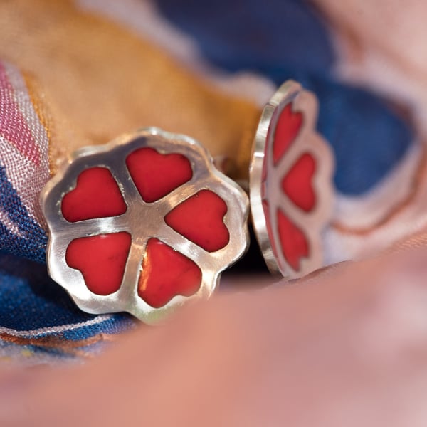 Enamelled Hearts Flower Studs, Silver Heart Earrings