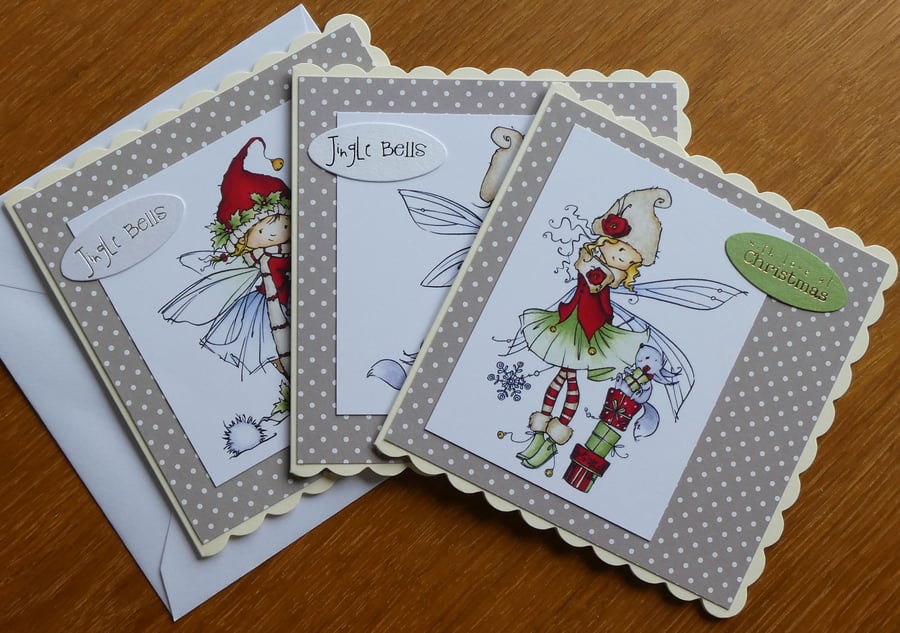 Set of 3 Christmas Cards - Fairies - Grey and White Polka Dot