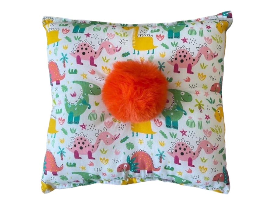 Children's Dinosaur Bright Orange  Soft and Furry Pom Pom Cushion