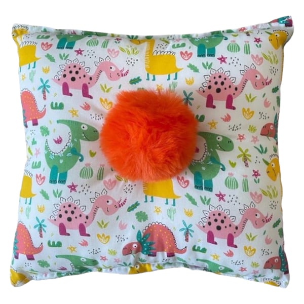 Children's Dinosaur Bright Orange  Soft and Furry Pom Pom Cushion