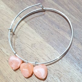 Antiqued silver Tone Expandable Bangle with Three Pink Hearts 