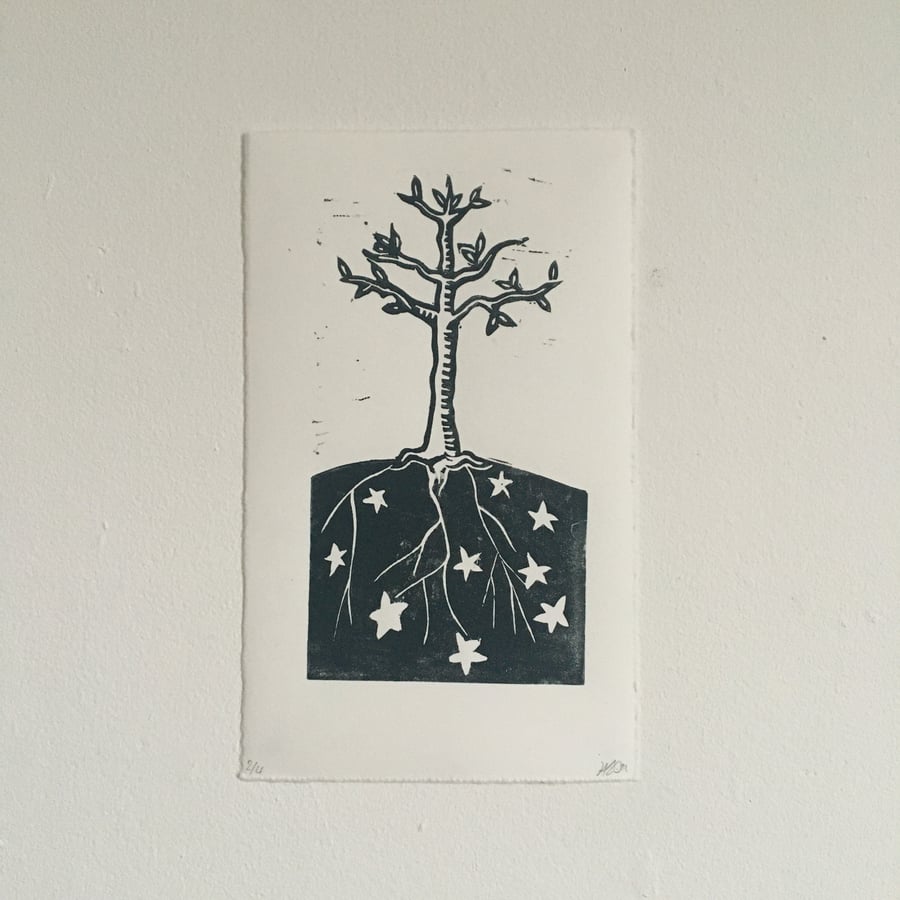 The Tree and the Stars, linocut print on paper.