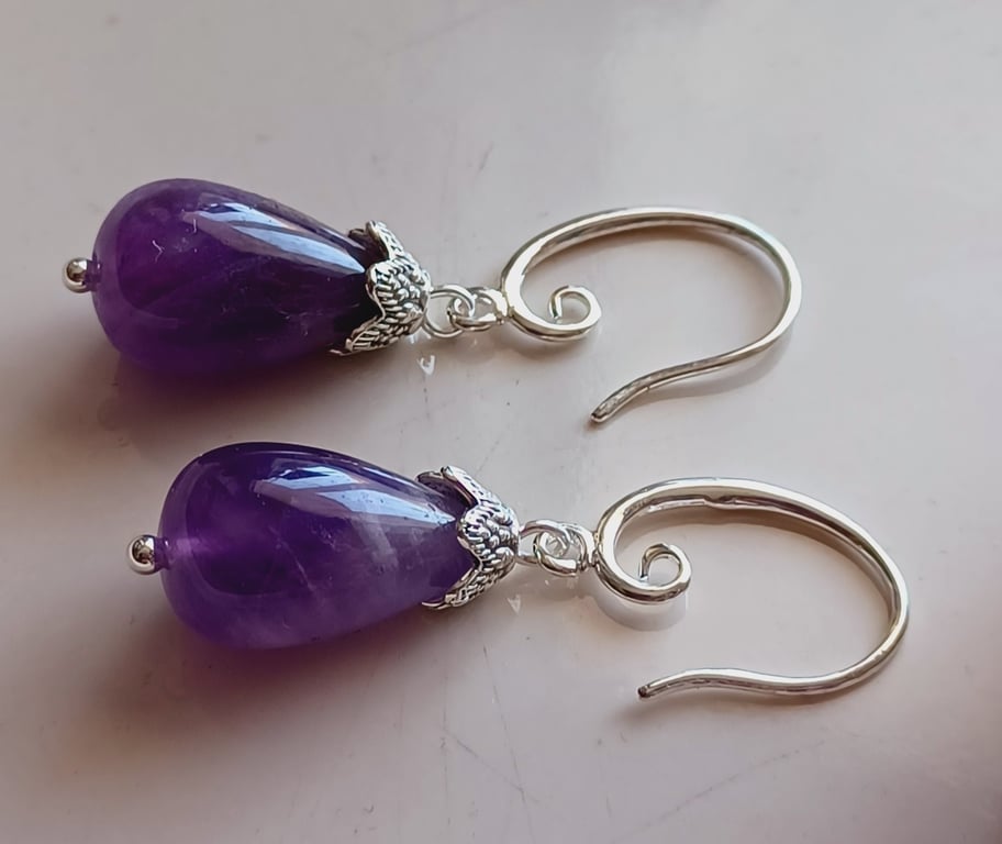 Handmade tear drop amethyst earrings, gift for women, dangle earrings