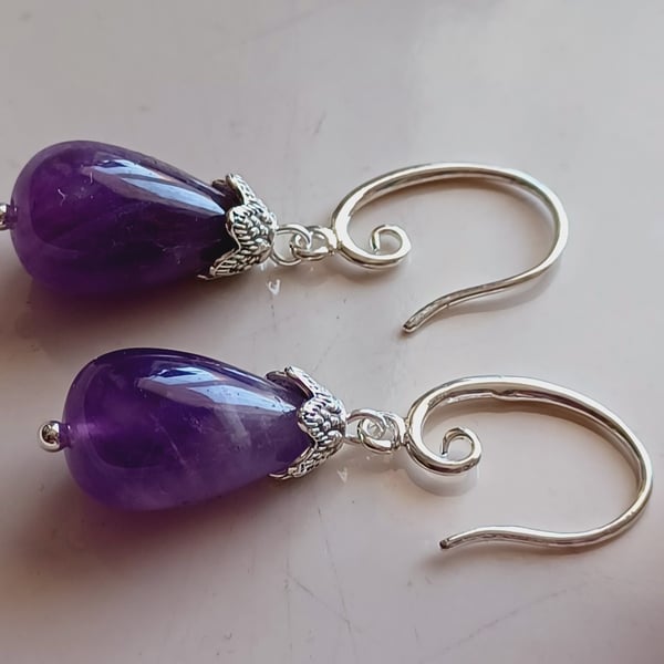 Handmade tear drop amethyst earrings, gift for women, dangle earrings