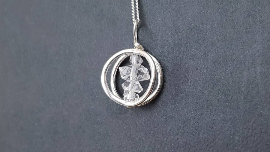 Herkimer Diamond circle Pendant. April Birthstone Minimalist Sterling silver