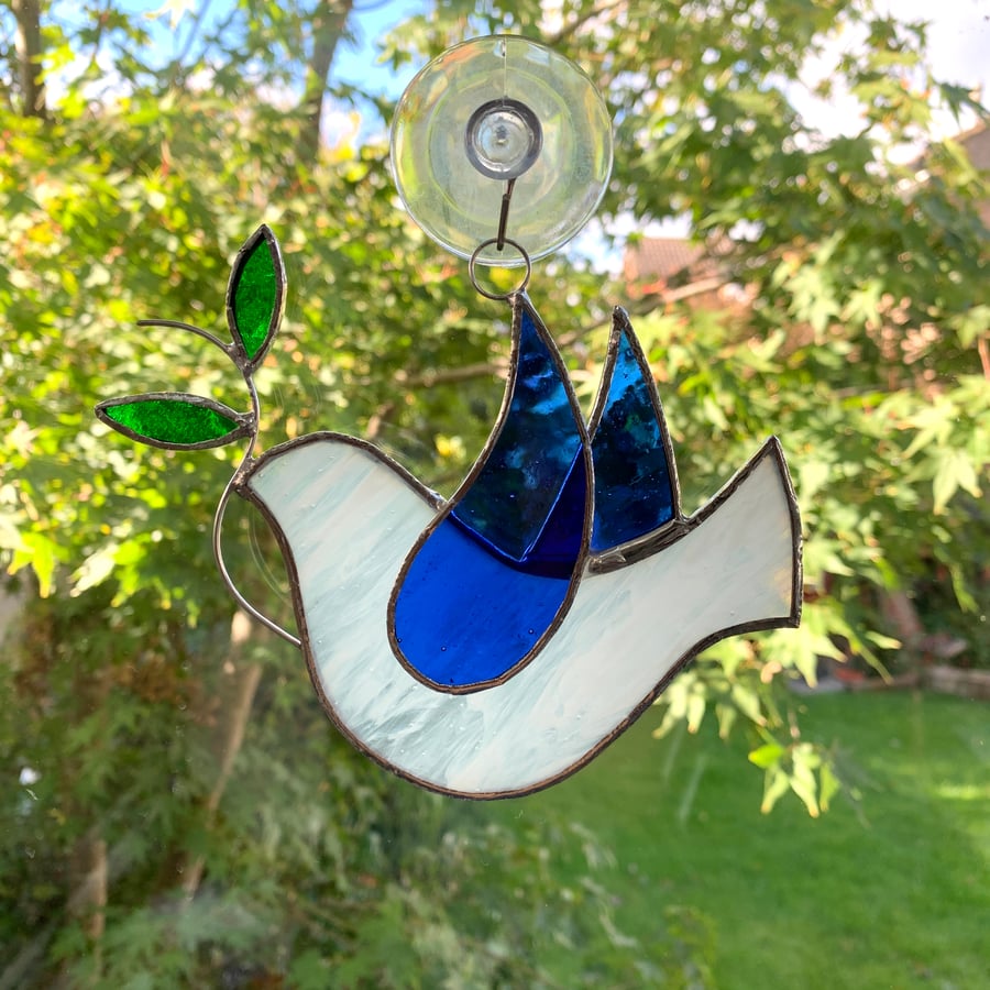 Stained Glass Dove Suncatcher - Hand Made Hanging Decoration - White and Blue