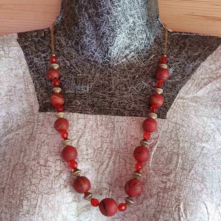 Image of Red and gold polymer clay necklace