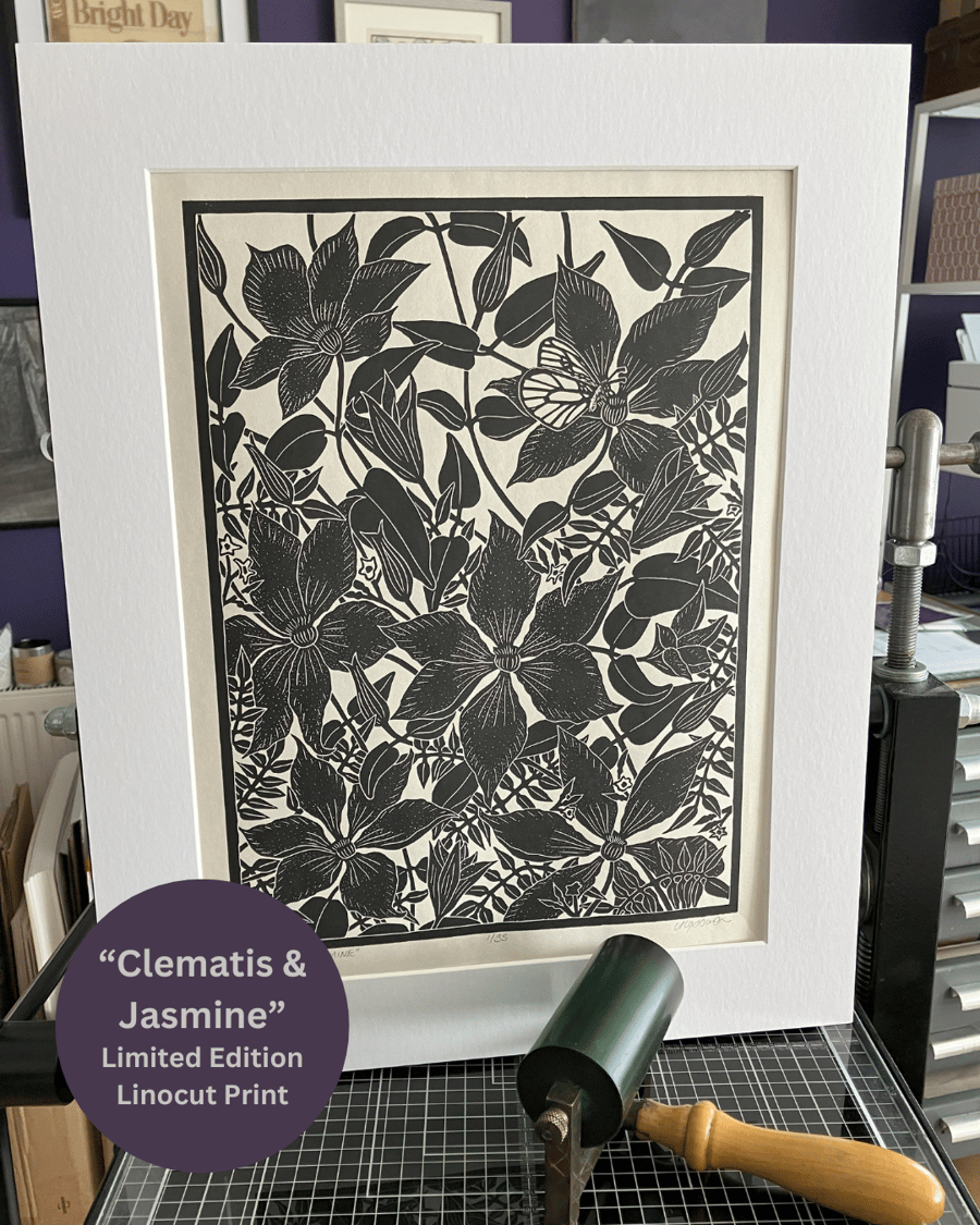 Lino Print - Clematis & Jasmine - Flower Print - Limited Edition Linocut
