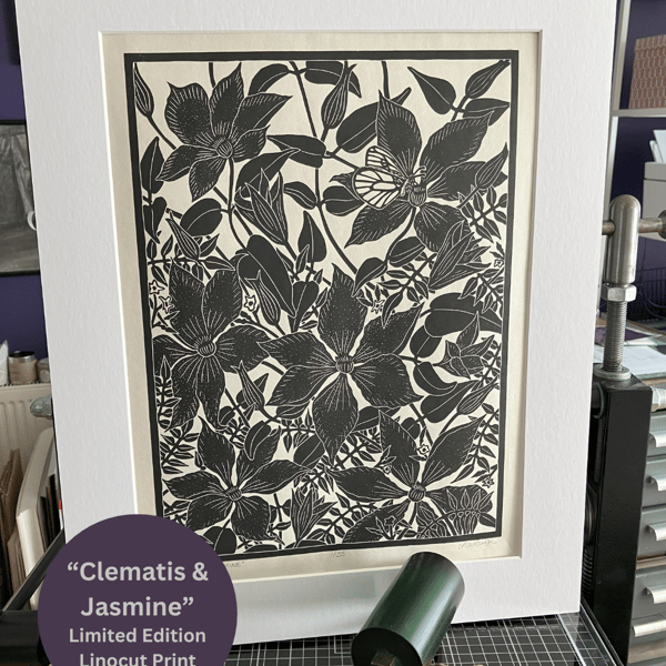 Lino Print - Clematis & Jasmine - Flower Print - Limited Edition Linocut
