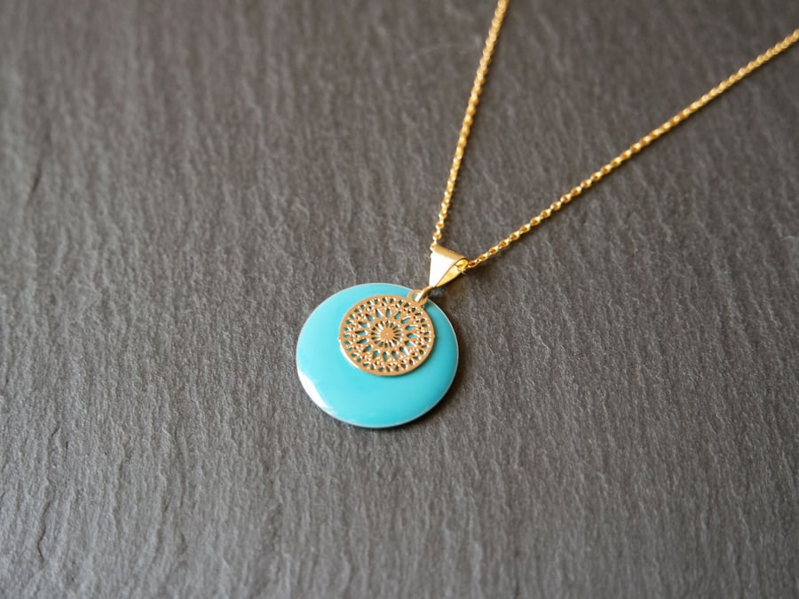 Small Turquoise Enamel Mandala Necklace - Gold Vermeil 925 Sterling Silver 