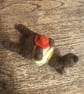 Handmade needle felted brown bear in striped top and holding his hat - Image 2