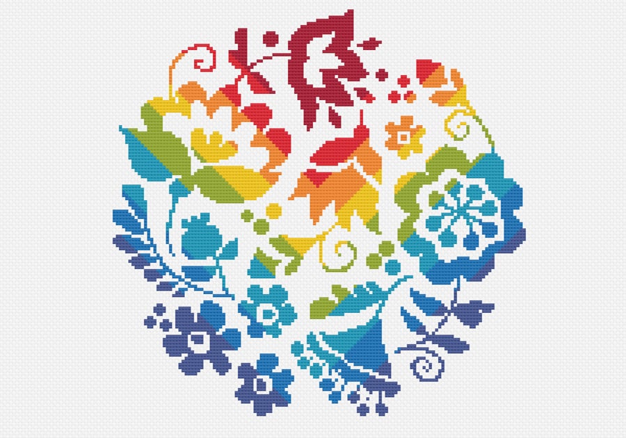 224C - Cross stitch Pattern Ukrainian Folk Art Flowers RAINBOW (PDF Chart)