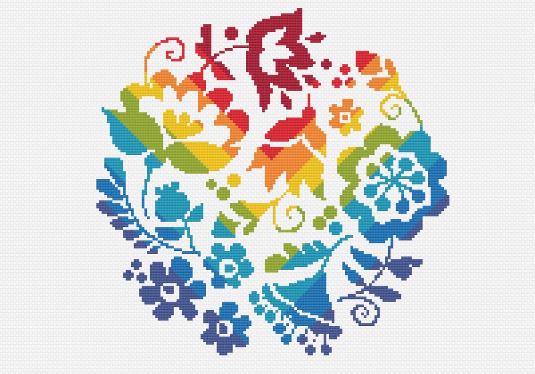 224C - Cross stitch Pattern Ukrainian Folk Art Flowers RAINBOW (PDF Chart)