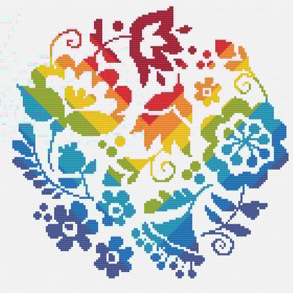 224C - Cross stitch Pattern Ukrainian Folk Art Flowers RAINBOW (PDF Chart)