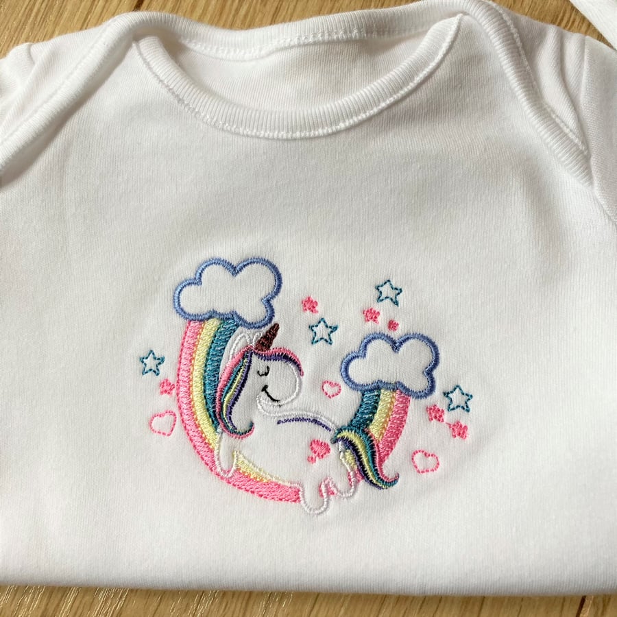 Long sleeve white baby bodysuit 0 - 3 Months with unicorn embroidery