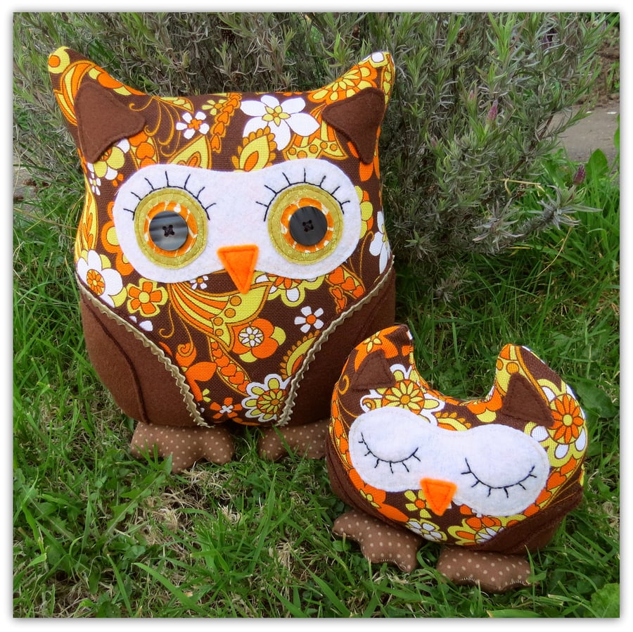 A set of two groovy retro owls.   A 36cm tall cushion and a doorstop.  Marigold.