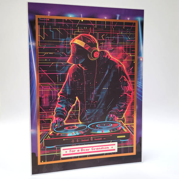 Grandson Birthday Card – Neon DJ Birthday Card for Grandson