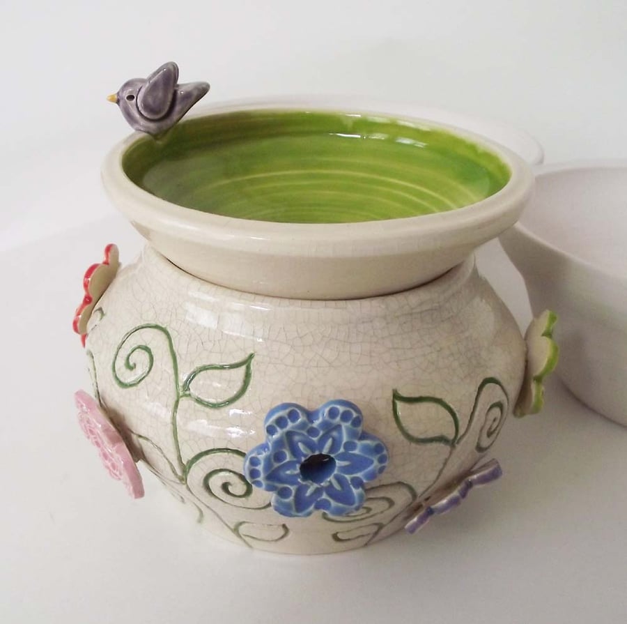 Spring flowers and bird ceramic wax tart burner