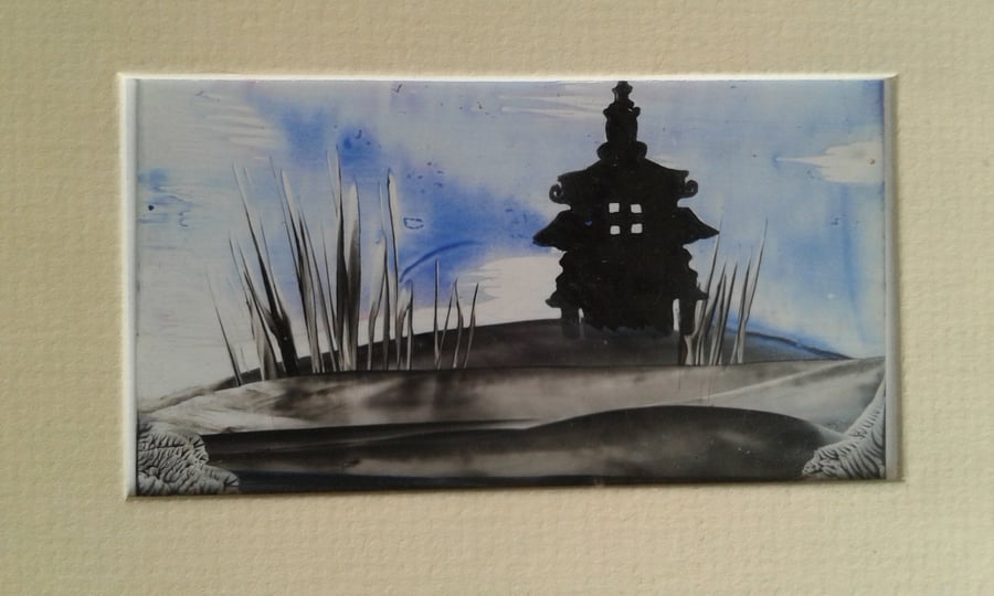 Chinese building miniature original encaustic art painting 