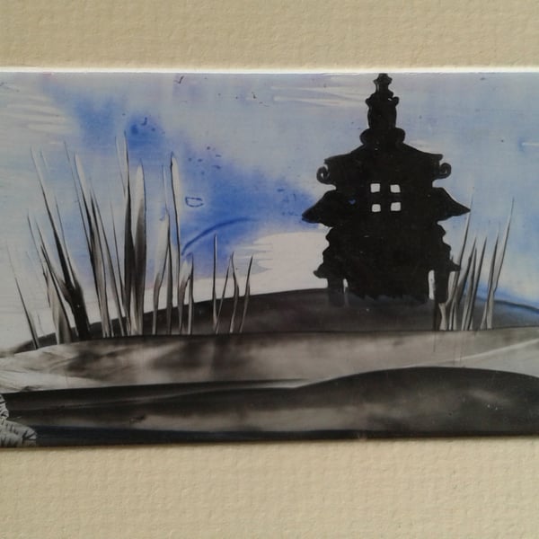 Chinese building miniature original encaustic art painting 