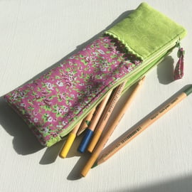 Zipped bag, make up bag, pencil case, vibrant lime green and pink