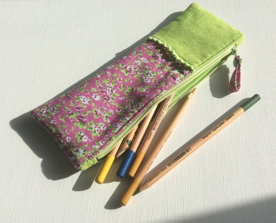 Zipped bag, make up bag, pencil case, vibrant lime green and pink