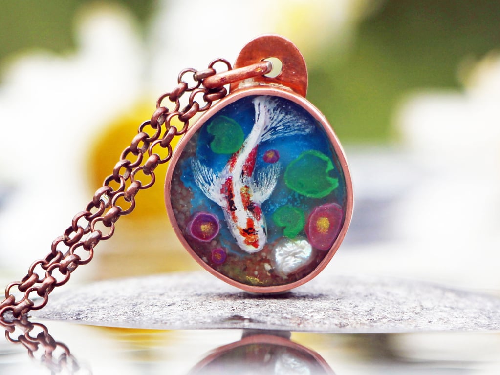 Handcrafted Koi Pendant Copper Fish Pond Resin Necklace