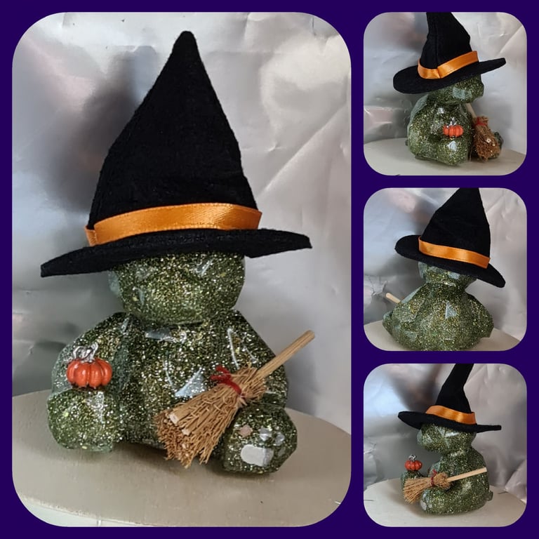 Gorgeous Green Witch Bear With Pumpkin & Broomstick.