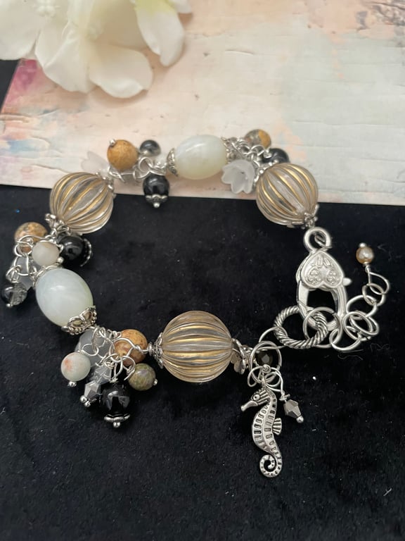 Vintage inspired beaded charm bracelet , boho jewellery, gift for her 