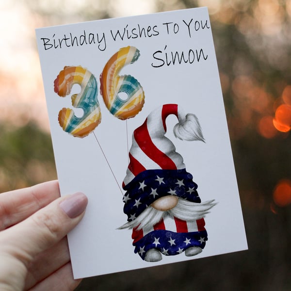 USA Gnome Age Birthday Card, Card for 36th Birthday, American Flag Gnome