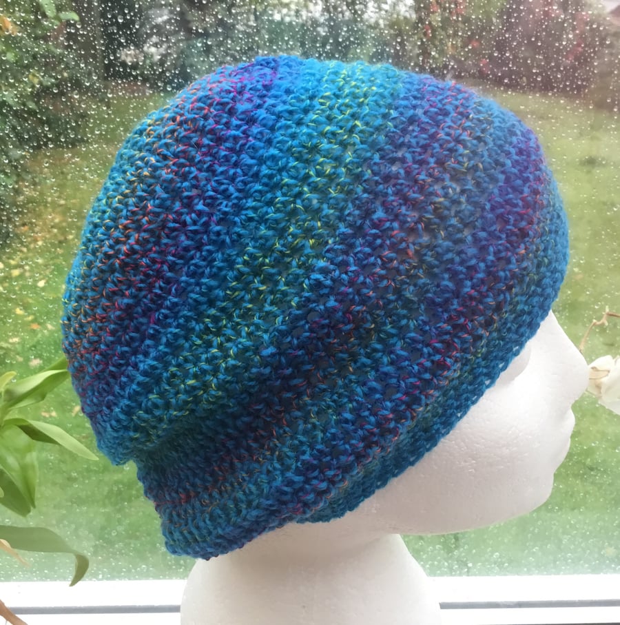 Turquoise Tones!  Crocheted Beanie, Slouchy or Soft Beret in Designer Yarn.