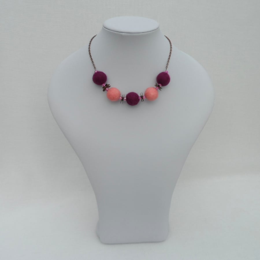 Funky, modern felt and bead necklace, pink