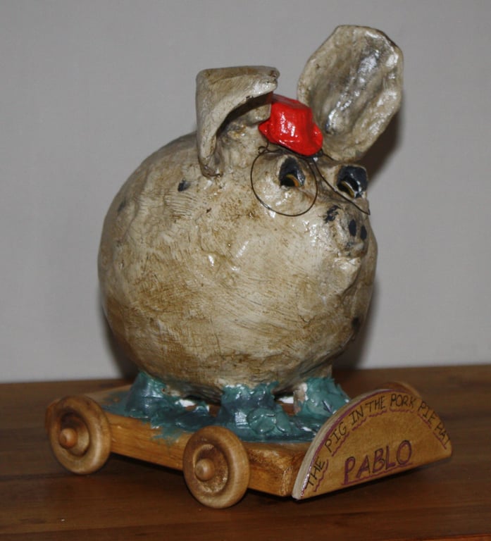 PABLO, THE PIG IN THE PORK PIE HAT, ON WHEELS,  PAPER MACHE FOLK ART STYLE 