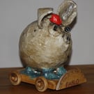 PABLO, THE PIG IN THE PORK PIE HAT, ON WHEELS,  PAPER MACHE FOLK ART STYLE 