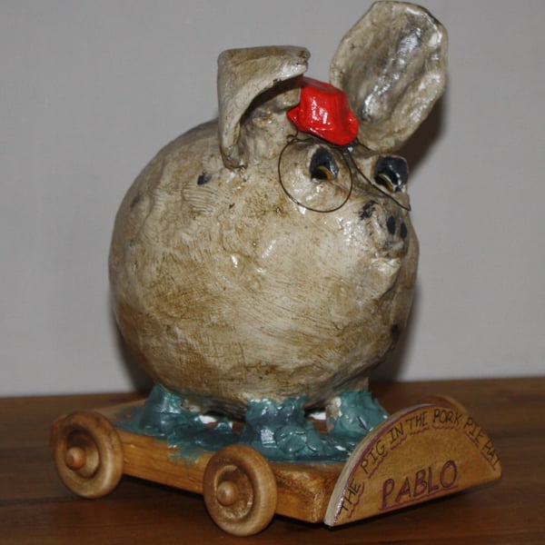 PABLO, THE PIG IN THE PORK PIE HAT, ON WHEELS,  PAPER MACHE FOLK ART STYLE 