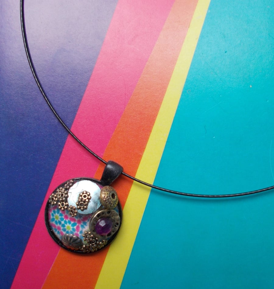 Bejewelled Pendant with Recycled Beads and Gems with a a Glass Cabochon