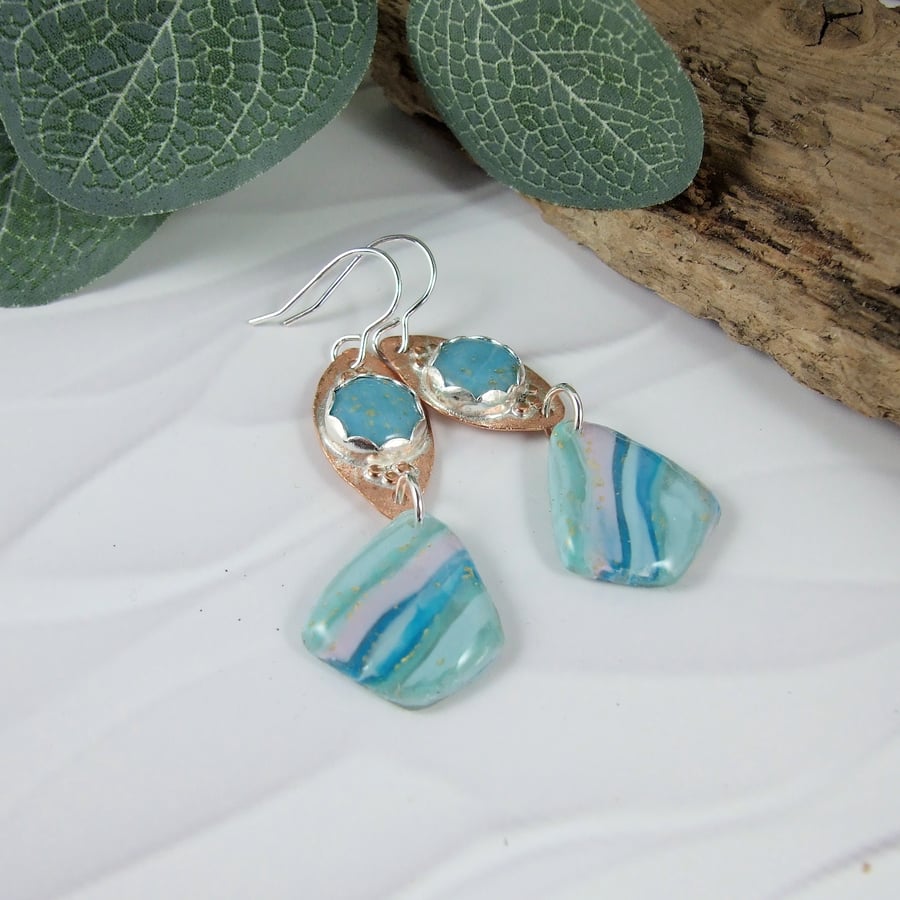 Earrings, Sterling Silver and Copper Marbled Polymer Clay Droppers