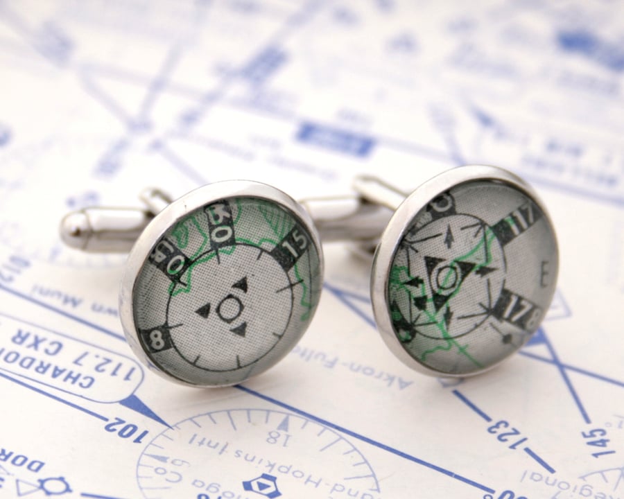 Set of cufflinks with pilot charts in silver colour