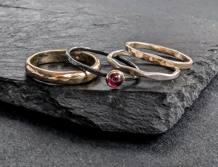 Gold and Sterling Silver stacking rings, Handmade Urban design Jewellery